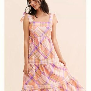 Kachel Plaid Tie Strap Linen Maxi Dress